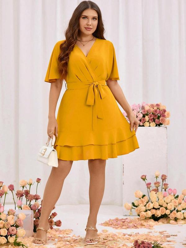  Plain Belted Wrap Ruffle Trim Dress, Elegant Butterfly Sleeve V Neck A Line Dress for Party Wedding Guest, Women's Clothing for Summer