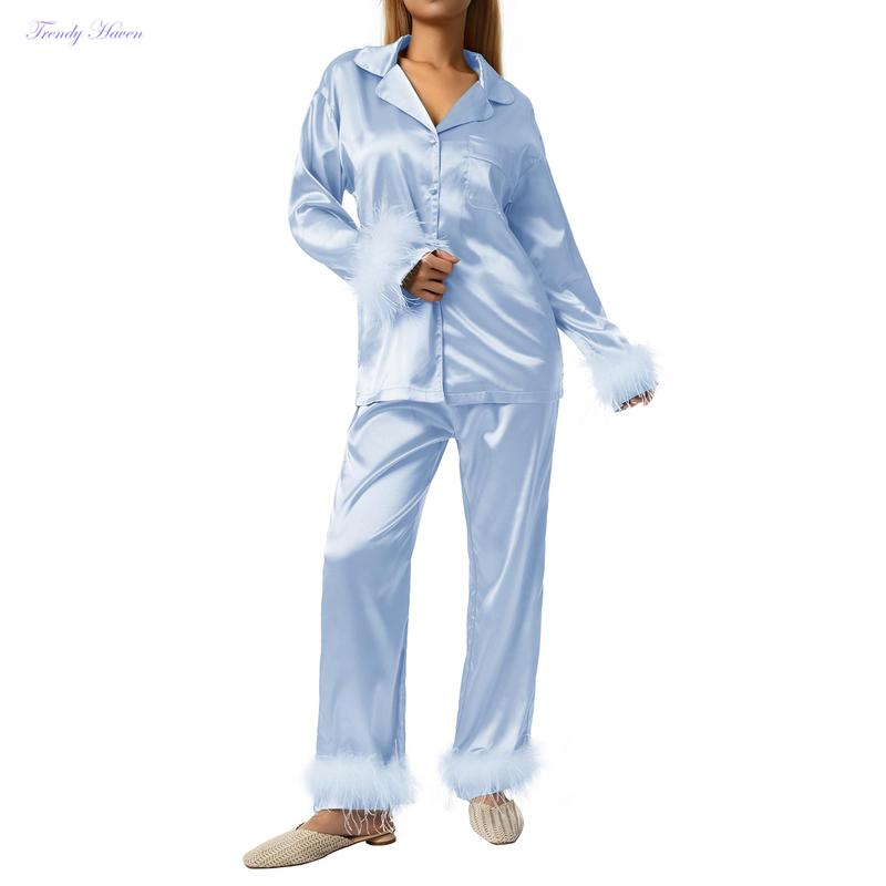 Women's Sleepwear, Feather Decoration Long Sleeve Button-Down Lapel Collar Tops + Pants Pajamas Set Loungewear Womenswear