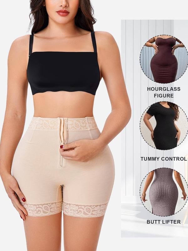 Women's Contrast Lace High Waist Shapewear Shorts, Zipper Fly Tummy Control Butt Lifting Shaper, Women's Shapewear Bottoms for Daily Wear