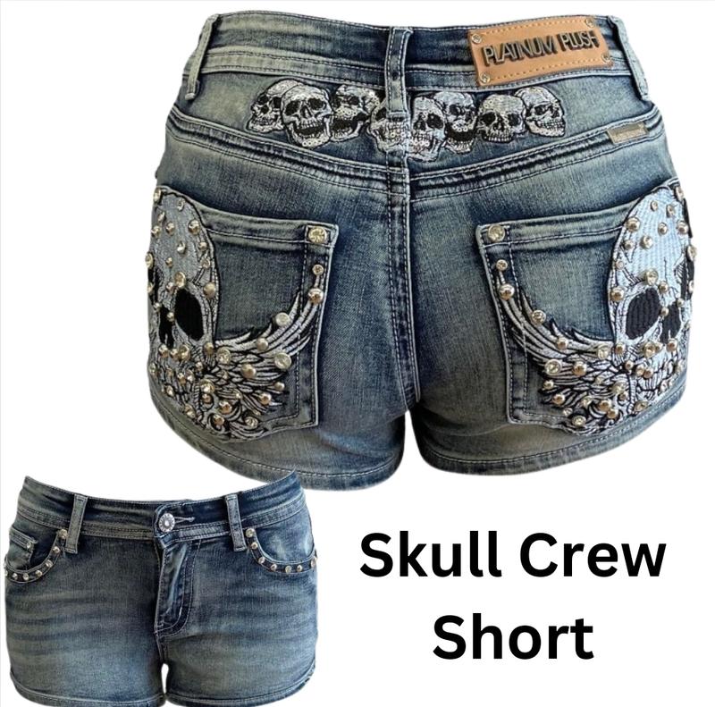 McBling Denim Shorts Y2K Mid Waist Skull Wing Cross Plus Size Stretchy biker rocker vintage Rock  rhinestone vaquera Retro Embroidered street Women