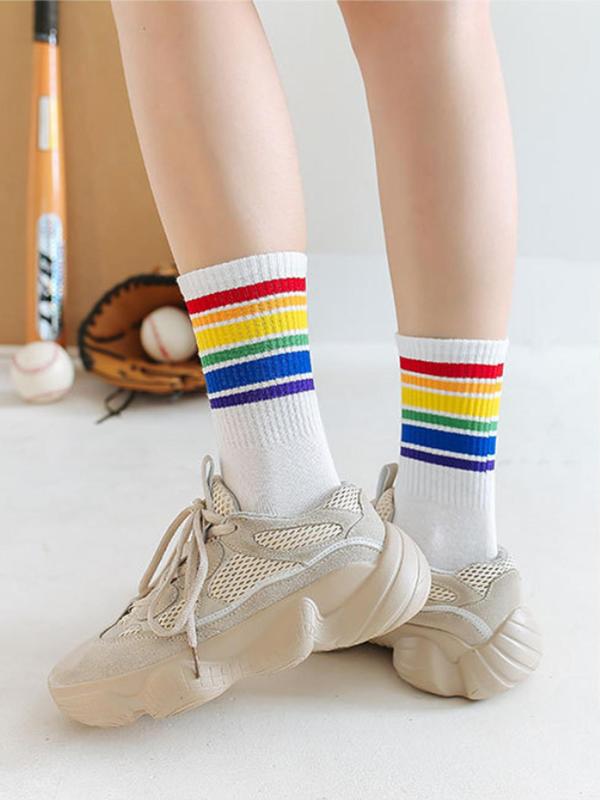 Women's Rainbow Stripe Print Crew Socks, Casual Comfy Breathable Mid-calf Socks for Daily Wear, Women's Socks for All Seasons