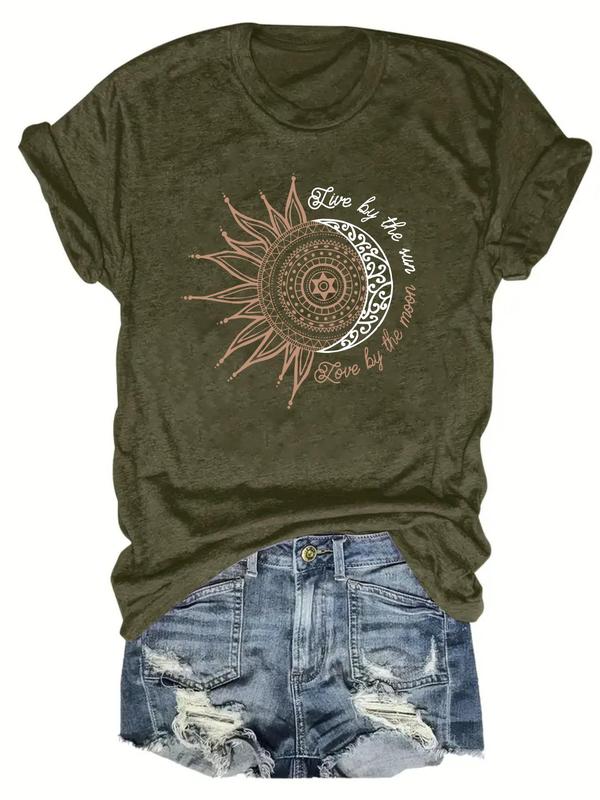 Women's Sun & Moon Print Round Neck Graphic Tee, Summer Clothes Women, Casual Short Sleeve T-Shirt for Summer, Women's Top for Daily Wear, Night Out Outfits, Fall Clothes 2024