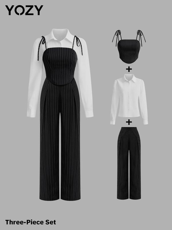 Christmas Deals, YOZY Women's Solid Color Striped Trim Crop Cami Top & Plain Shirt & Wide Leg Pant Set, Casual Fashion Three-piece Outfits for Daily Wear, Christmas 2024 Trend, Christmas Outfits, Fall&Winter Outfits, Christmas Gift Ideas