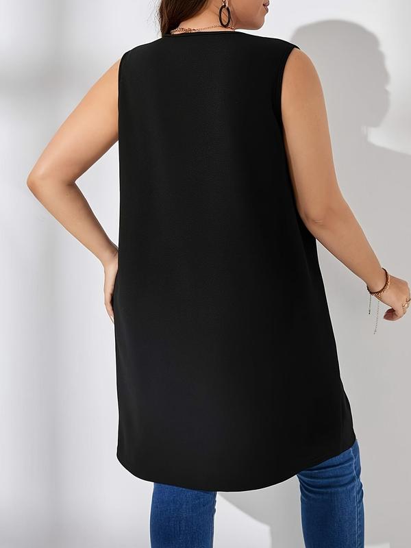  Solid Color Open Front Waistcoat, Casual Sleeveless Longline Outerwear for Spring & Fall, Women's Clothes for Daily Wear