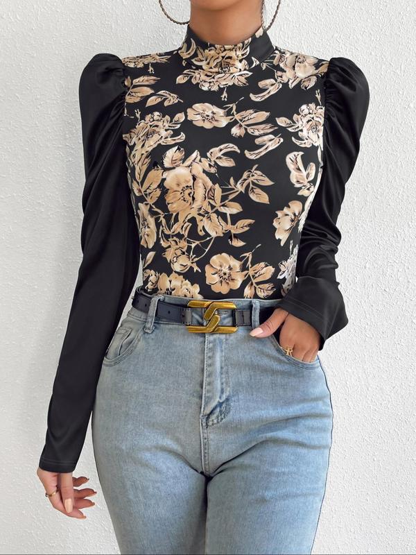 Women's Floral Print Leg-of-mutton Sleeve Tee, Elegant Fashion Casual Stand Collar T-shirt for Daily Outdoor Wear, Women Clothing for All Seasons