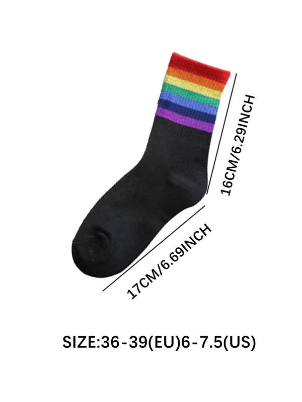 Women's Rainbow Stripe Print Crew Socks, Casual Comfy Breathable Mid-calf Socks for Daily Wear, Women's Socks for All Seasons