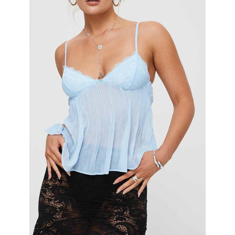 Women's Pleated Camisole Mini Bowknot Front Spaghetti Strap V-Neck Lace Cropped Tops Sleeve Sleeveless