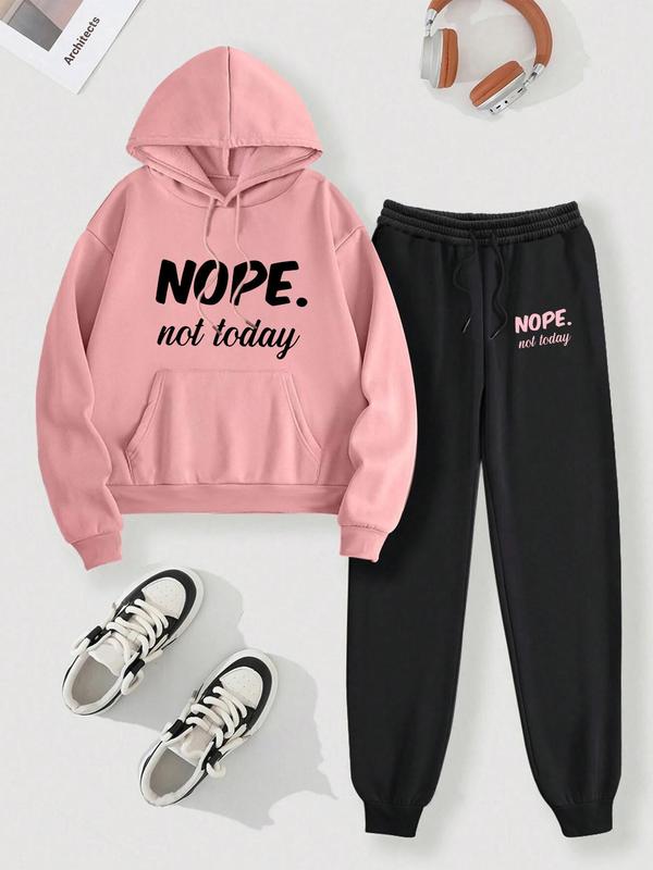  Letter Print Drop Shoulder Hoodie & Drawstring Waist Sweatpants Set, Casual Fashion Cozy Breathable Two-piece Outfits for Daily Workout Running, Women's Clothing for Fall & Winter