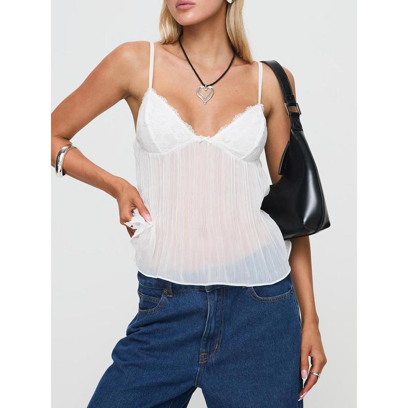 Women's Pleated Camisole Mini Bowknot Front Spaghetti Strap V-Neck Lace Cropped Tops Sleeve Sleeveless