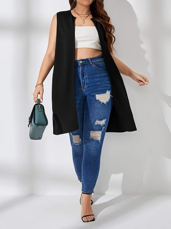  Solid Color Open Front Waistcoat, Casual Sleeveless Longline Outerwear for Spring & Fall, Women's Clothes for Daily Wear