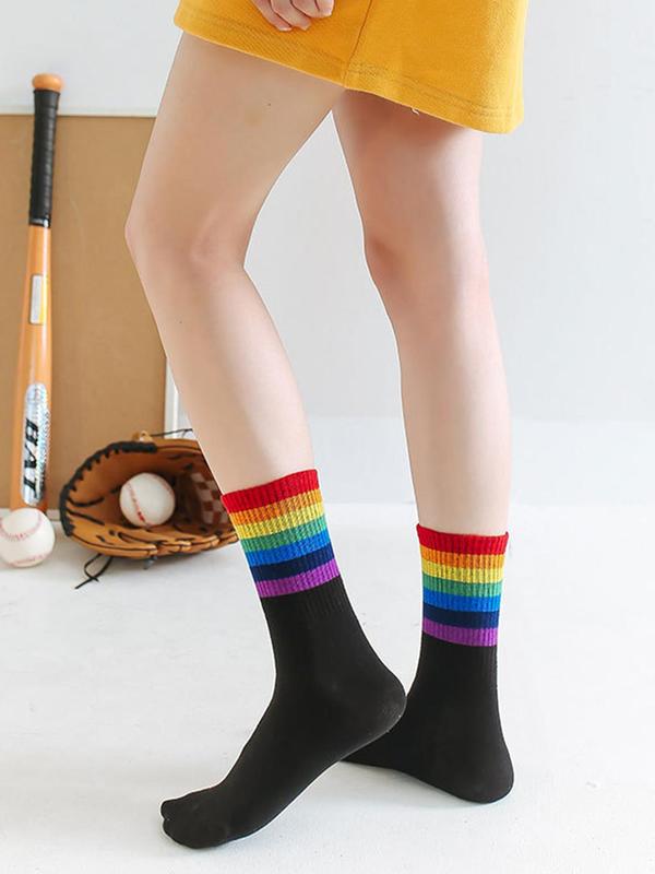 Women's Rainbow Stripe Print Crew Socks, Casual Comfy Breathable Mid-calf Socks for Daily Wear, Women's Socks for All Seasons