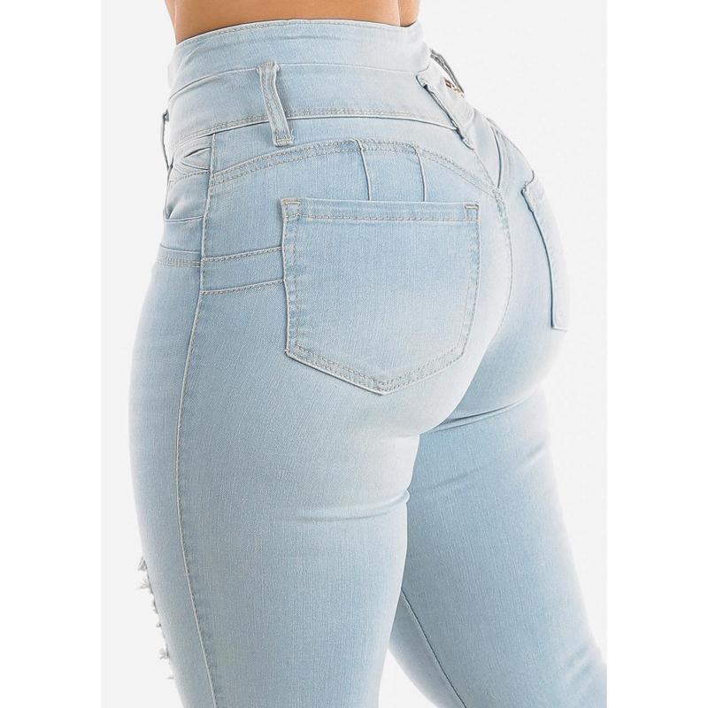 High Waist Butt Lift Distressed Skinny Jeans Light Wash