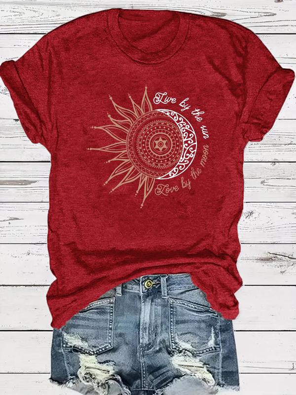 Women's Sun & Moon Print Round Neck Graphic Tee, Summer Clothes Women, Casual Short Sleeve T-Shirt for Summer, Women's Top for Daily Wear, Night Out Outfits, Fall Clothes 2024