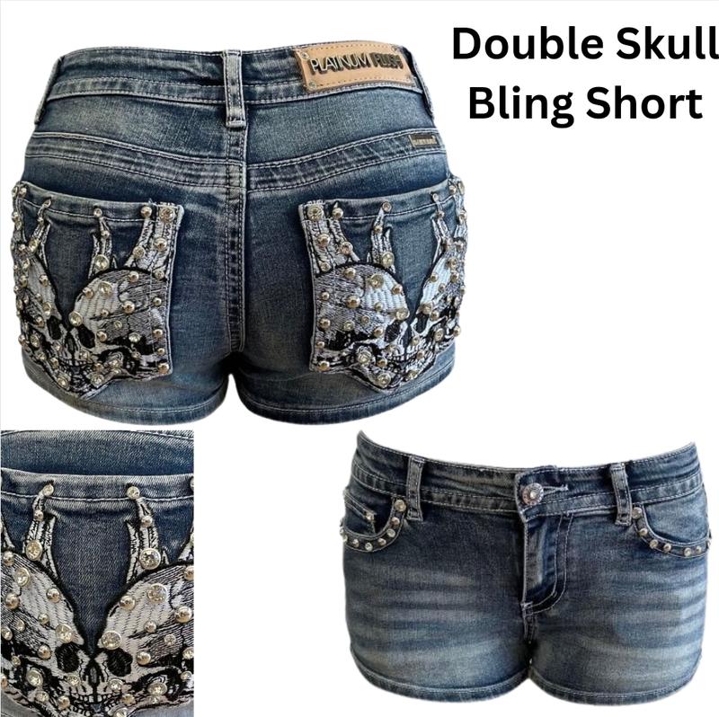 McBling Denim Shorts Y2K Mid Waist Skull Wing Cross Plus Size Stretchy biker rocker vintage Rock  rhinestone vaquera Retro Embroidered street Women