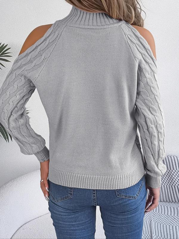 Women's Plain Cut Out Cold Shoulder  Cable Knit Sweater, Casual Long Sleeve Jumper for Fall & Winter, Fashion Ladies' Knitwear for Daily Wear