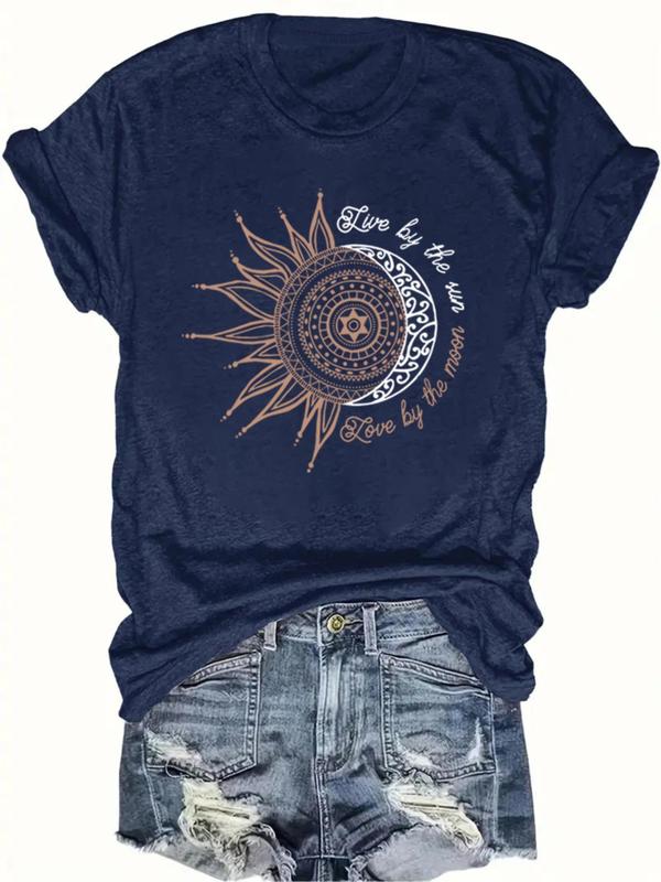 Women's Sun & Moon Print Round Neck Graphic Tee, Summer Clothes Women, Casual Short Sleeve T-Shirt for Summer, Women's Top for Daily Wear, Night Out Outfits, Fall Clothes 2024