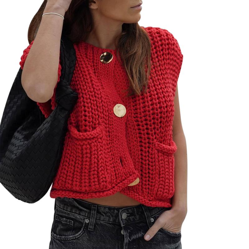 Women Sweater Tank Tops Solid Color Button Front V-Neck Knit Vest Sleeveless Knitwear Cardigan for Streetwear