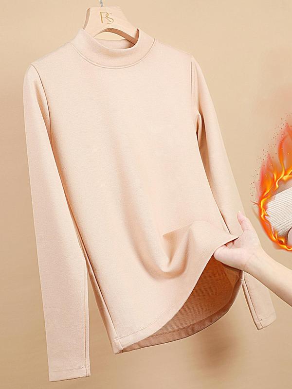 Women's Solid Thermal Lined Top, Casual Long Sleeve Mock Neck Top for Fall & Winter, Women's Clothing for Daily Wear