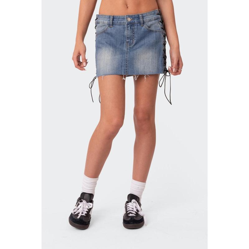 Side Lace Up Denim Mini Skirt