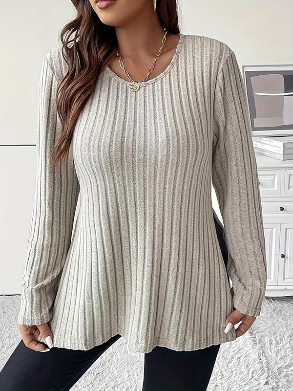  Solid Ribbed Hem Slit Tee, Casual Long Sleeve T-shirt for Fall & Winter, Women's Clothes for Daily Wear