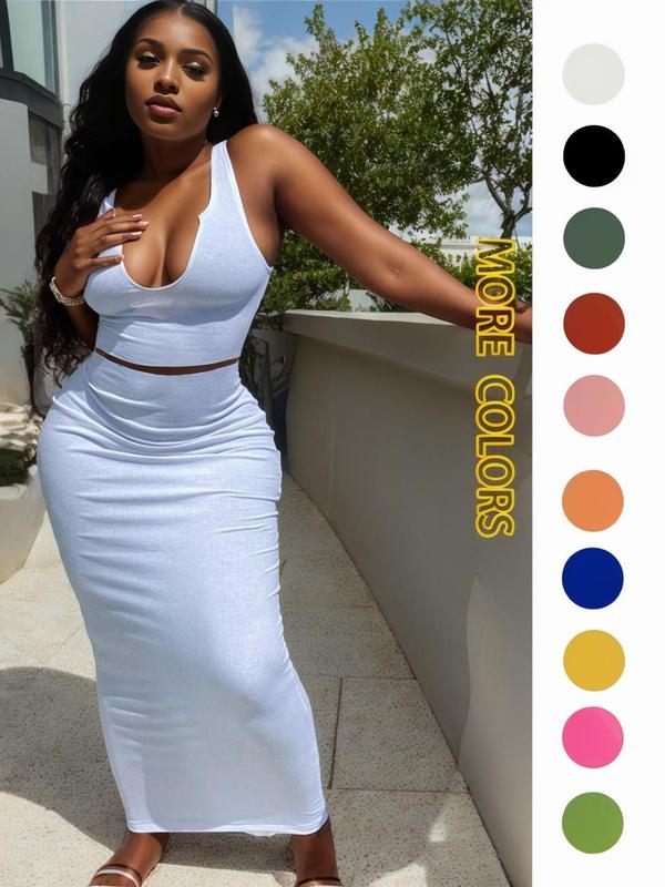 Two-Piece Set Women's Solid Notched Neck Crop Tank Top & High Waist Bodycon Skirt Set, Back To School Outfits, Casual Sleeveless Top & Long Skirt, Ladies Summer Clothes for Daily Wear