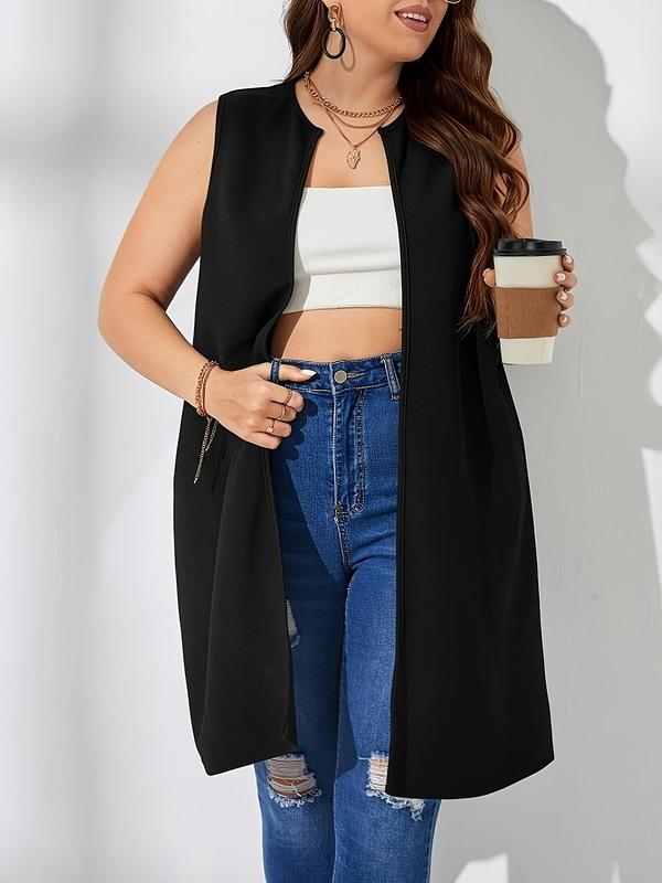  Solid Color Open Front Waistcoat, Casual Sleeveless Longline Outerwear for Spring & Fall, Women's Clothes for Daily Wear