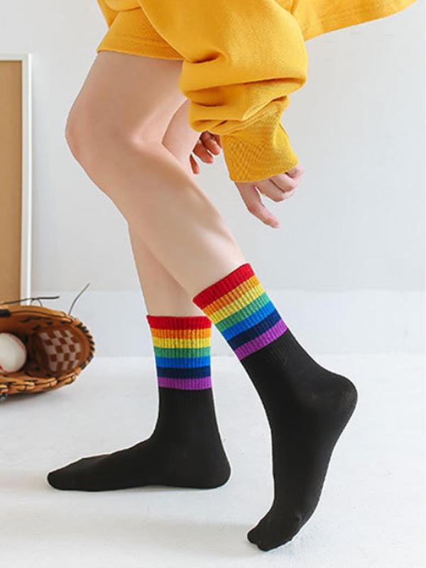 Women's Rainbow Stripe Print Crew Socks, Casual Comfy Breathable Mid-calf Socks for Daily Wear, Women's Socks for All Seasons