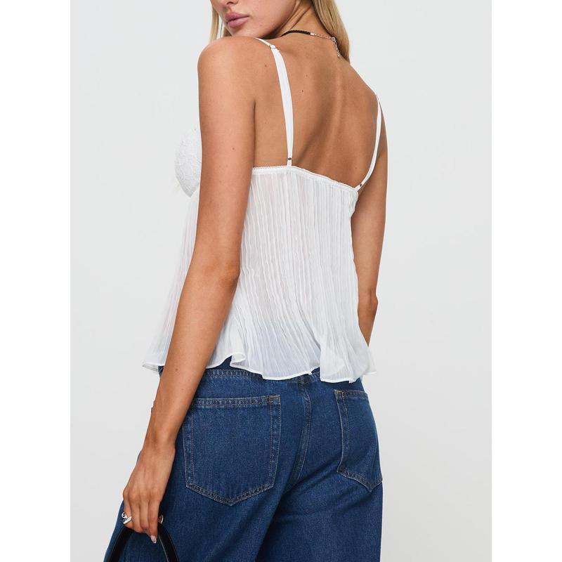 Women's Pleated Camisole Mini Bowknot Front Spaghetti Strap V-Neck Lace Cropped Tops Sleeve Sleeveless