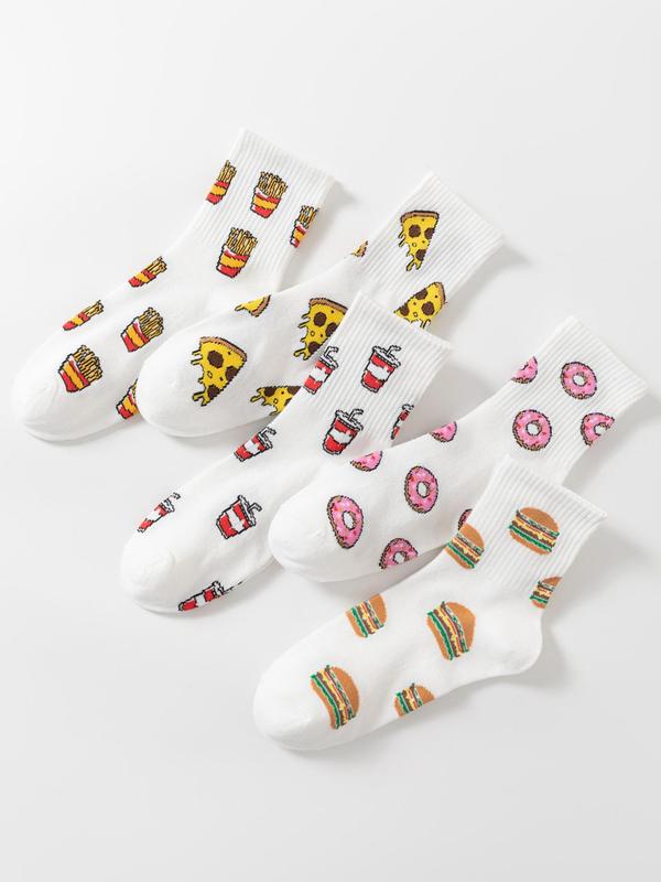 Women's 5 Pairs Cartoon Food Print Crew Socks, Casual Moisture Wicking Socks, Soft Comfy Breathable Socks, Cute Socks for Women Girls