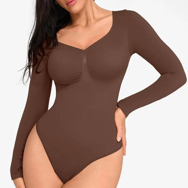 Women's Seamless Sculpt Long Sleeve Thong Comfortable Bodysuit for Tops and Underwear Lady Comfort Basic