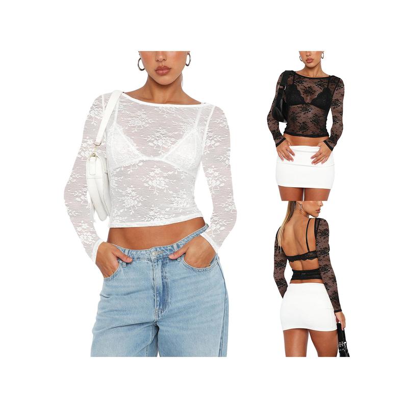 Women´s Summer Sheer Crop Tops Long Sleeve Open Back Lace Floral Slim Going Out Tops White Black Halloween 2024 Costume