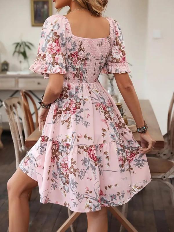 Women's Floral Print Ruffle Hem Vintage Dress, Boho Flounce Sleeve Shirred A Line Dress, Summer Dresses, Homecoming Dresses, Ladies Clothes for Beach Holiday Wedding Guest Fall Wedding Guest Dress