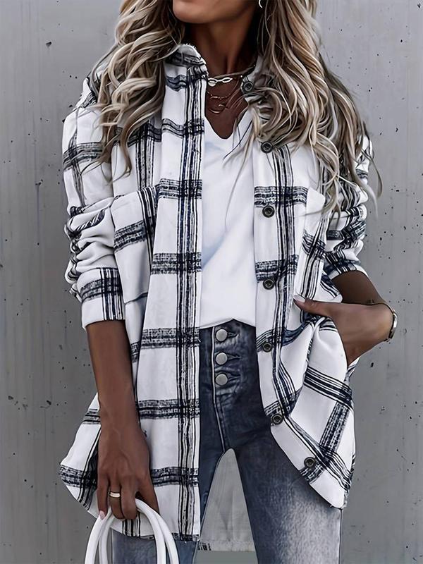 Women's Plaid Print Button Front Drop Shoulder Shirt, Casual Long Sleeve Collared Pocket Top for Fall & Winter, Women's Clothes for Daily Wear