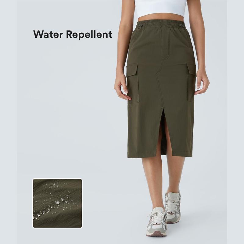 Halara Water Repellent High Waisted Double Adjustable Drawcord Multiple Pockets Split Hem Midi Ripstop Hiking Cargo Skirt