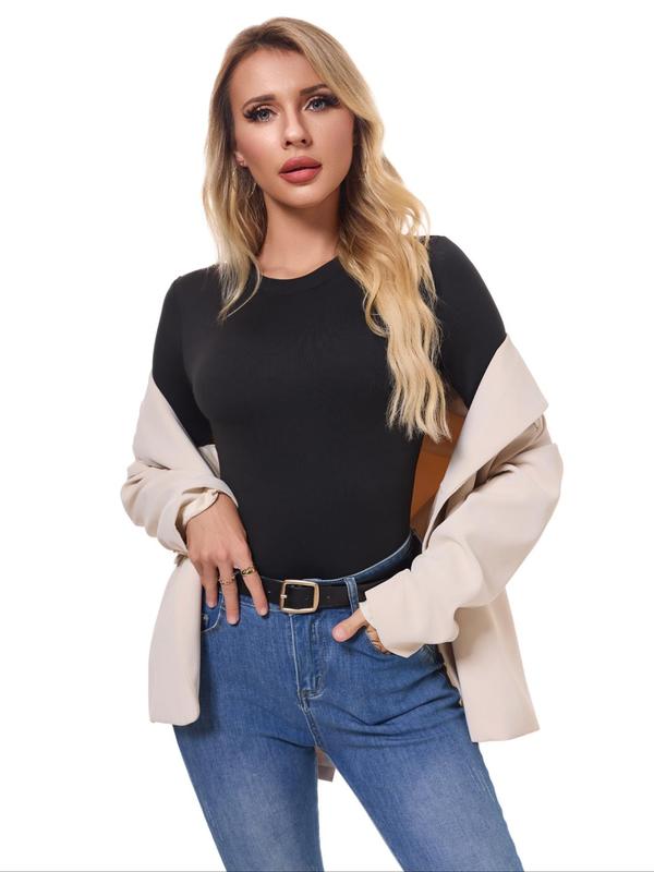 Women's Solid Long Sleeve Round Neck Bodysuit, Casual Basic Tight-fitting Snap Buttons Bodysuit, Ladies Fall & Winter Clothes for Daily Wear