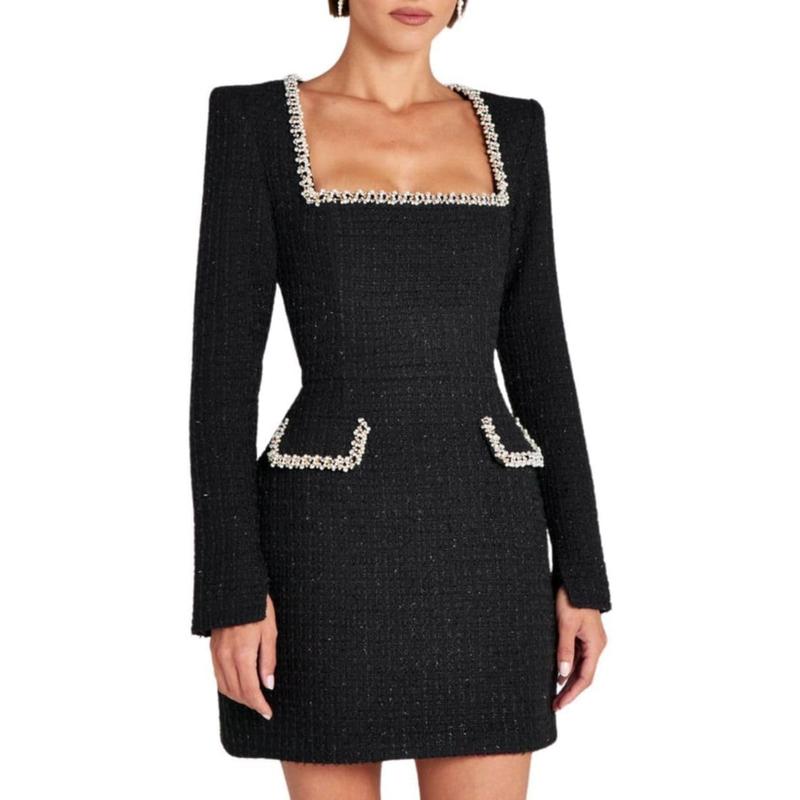 Women's Tweed Mini Dress Elegant Square Neck Long Sleeve High Waist A-Line Party One-piece Slim Short Dress Temperament Slim Slim U Neck Long Sleeve Beaded Little Fragrance Dress