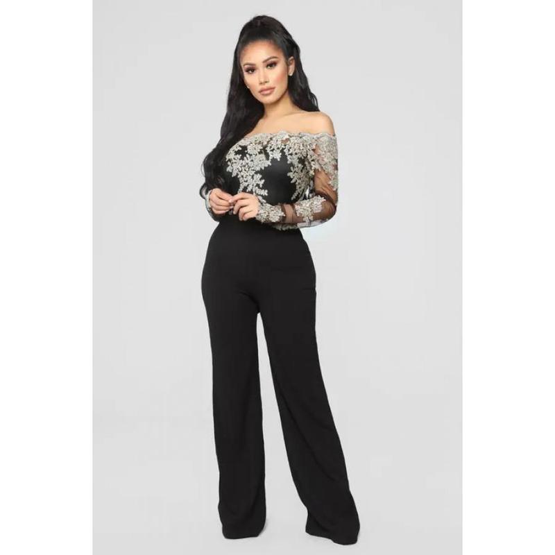 Womens Elegant Off Shoulder Long Pants Wide Leg Jumpsuits Floral Embroidery Lace See Through Cocktail Club Party Evening Rompers