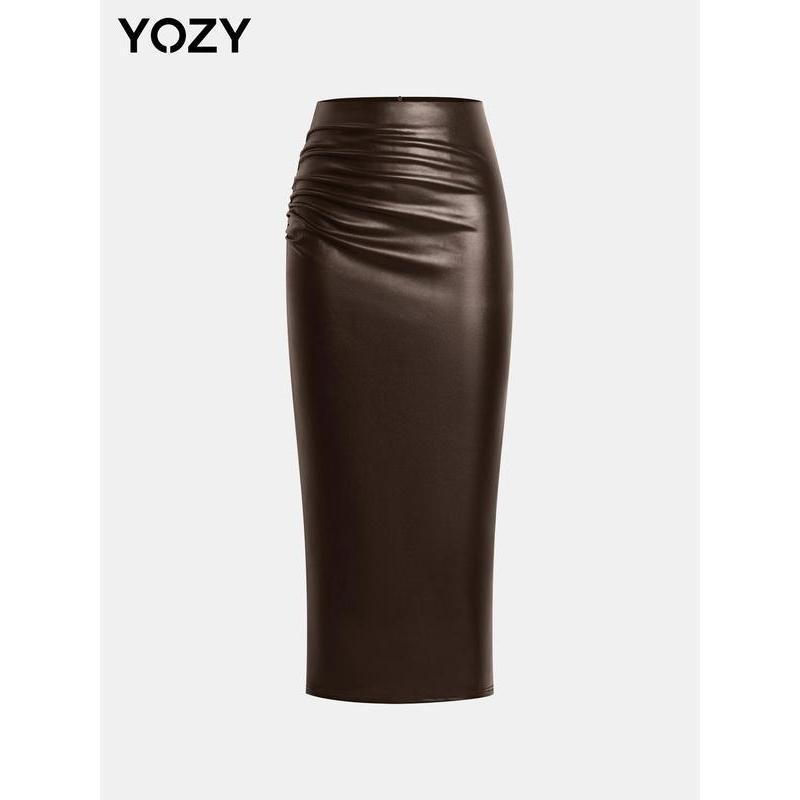 Black Friday Deals YOZY Ruched Split Hem PU Leather Skirt   Solid Fashionable High Waist Zipper Back Skirt， 2024 Women's Fall & Winter, Thanksgiving Clothes, Tiktok Shop Black Friday, Christmas 2024 Trend,Thanksgiving Clothing,Winter Clothing