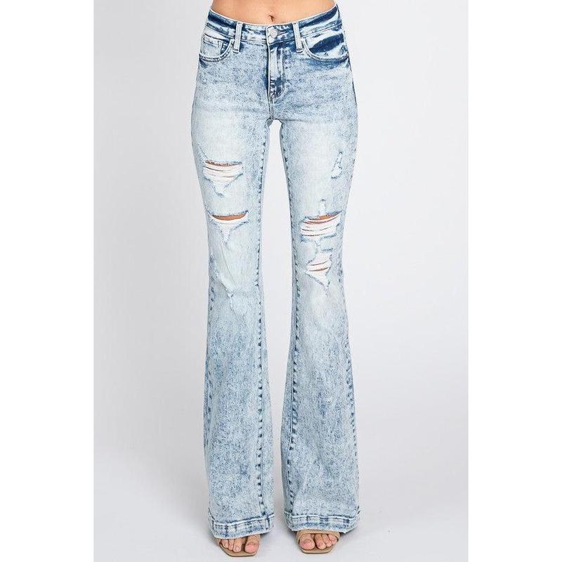 Woman's Acid Wash Distressed Mid Rise Boot Cut Jeans