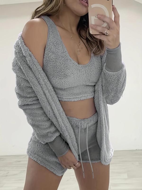 Women's Solid Drop Shoulder Hoodie Outwear & Crop Tank Top &drawstring Waist Shorts Plush Fluffy Pajamas Set, Nightwear Sets, Casual Comfy Three-piece Sleepwear Set for Women, Women's Lounge Set for Winter, Fluffy Pajamas