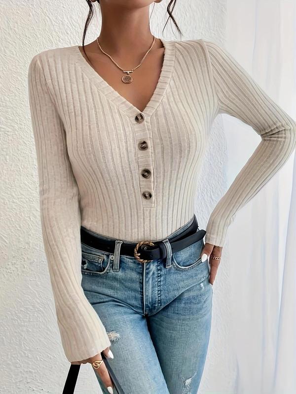 Women's Plain Button Front V Neck Bodysuit, Casual Long Sleeve Bodysuit for Fall & Winter, Women's Clothes for Daily Wear