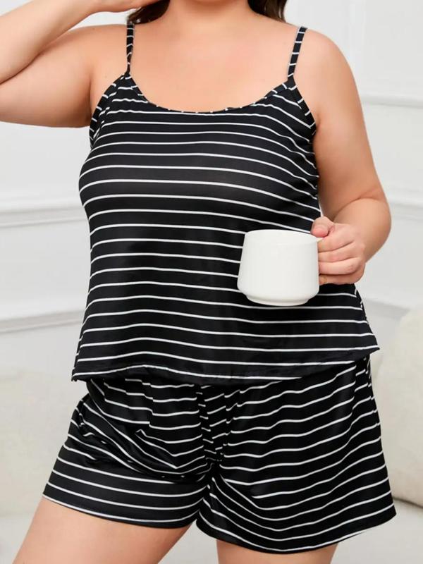 Plus Size Striped Print Pyjama Set, Casual Comfy Cami Top & Elastic Waist Shorts for Women, Women's Sleepwear for Summer, Plus Size Women's Clothing