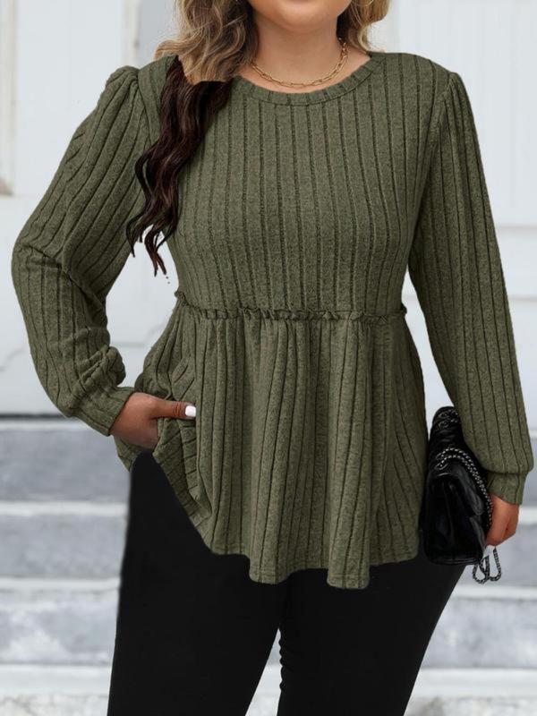  Solid Pleated Bishop Sleeve Tee, Casual Long Sleeve Round Neck Top for Fall & Winter, Women's Clothes for Daily Wear