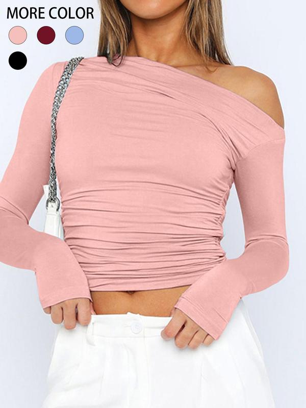 Women's Plain Ruched Asymmetrical Neck Crop Tee, Elegant Fashion Long Sleeve T-shirt for Daily Outdoor Wear, Women Clothing for Spring & Fall