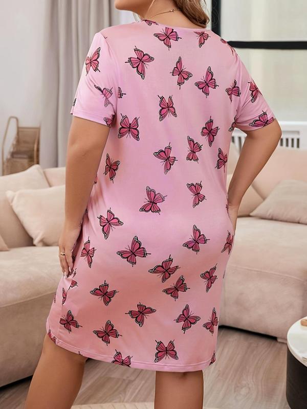  Butterfly Print Round Neck Nightdress, Casual Soft Comfortable Short Sleeve Nightgown for Women, Women's Sleepwear for All Seasons