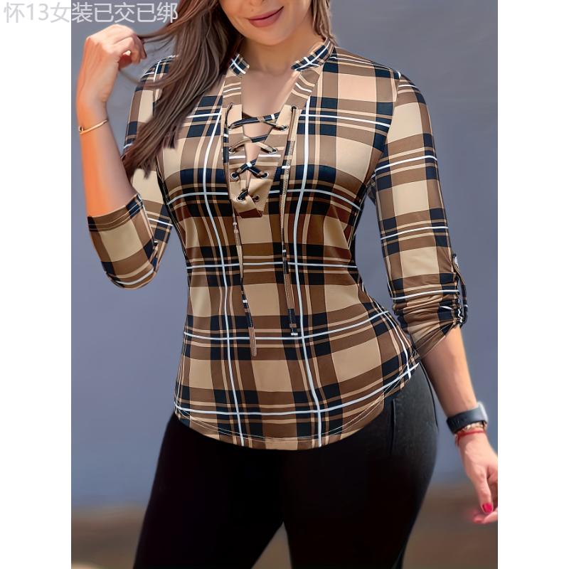 Elegant Plaid V-neck Tie-Front Blouse  Versatile, Breathable & Easy-Care Women's Top for Spring Fall Collar Fabric pleated blouse knitted shirt