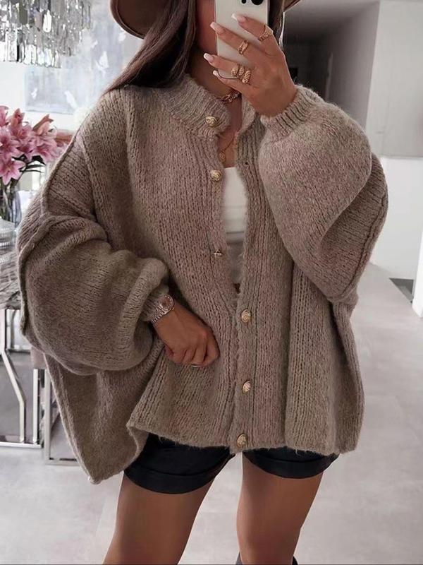 Women's Solid Color Button Cable Knit Cardigan, Casual Long Sleeve Open Front Outerwear for Fall & Winter, Women's Knit Clothing for Daily Wear