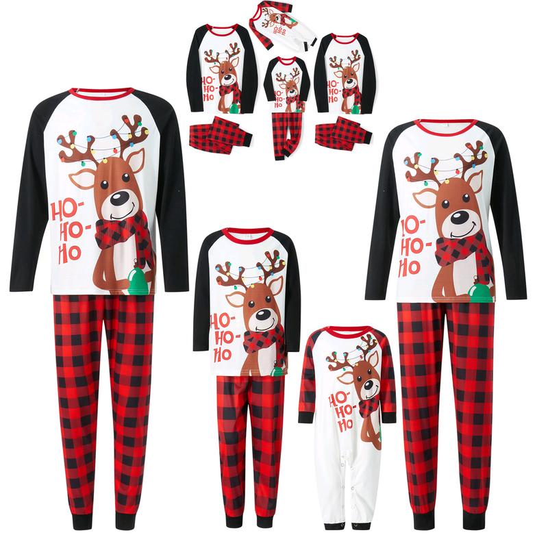 Christmas Pajamas for Family, Long Sleeve Elk Letter Print T-Shirt + Plaid Pants Set