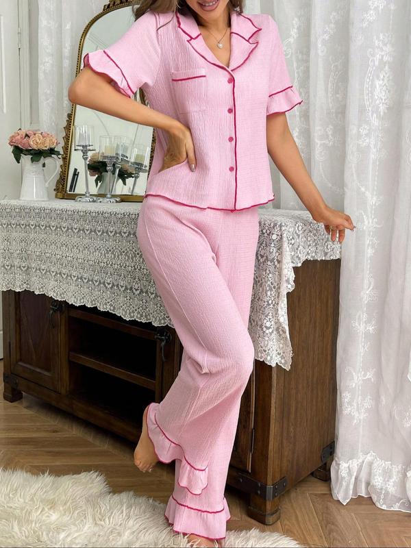 Two-Piece Set Women's Contrast Binding Lapel Neck Pajama, Casual Comfy Short Sleeve Top & Wide Leg Pants PJ Set, Ladies Sleepwear for All Seasons