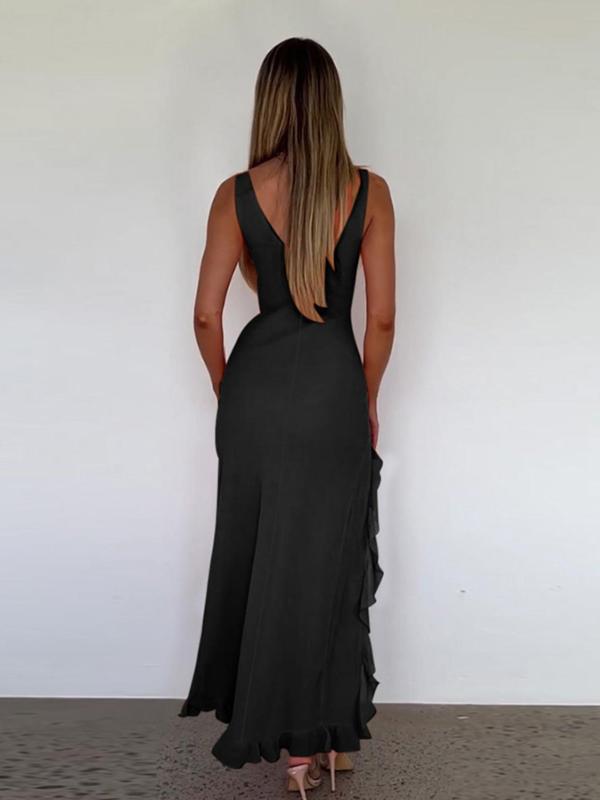 Women's Plain Backless Split Thigh Tank Dress, Elegant Asymmetrical Hem Deep V Neck Long Dress for Party Club Dating Wear, Ladies Fall Clothes, Capri Sun Dress